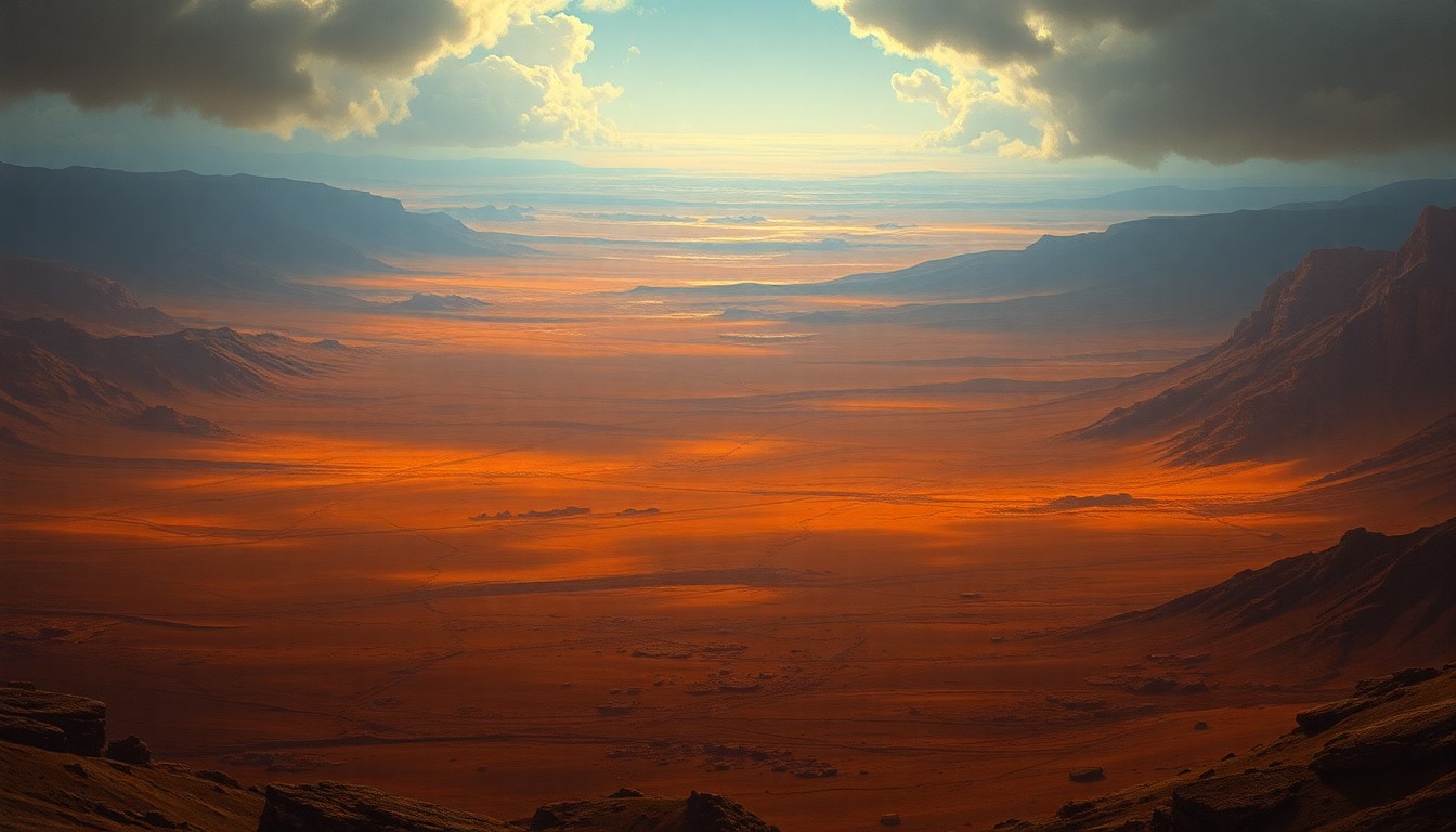 A vast, atmospheric landscape painting depicting a shimmering, hazy horizon under a dramatic, backlit sky, conveying the overwhelming, sublime scale of extreme heat conditions.