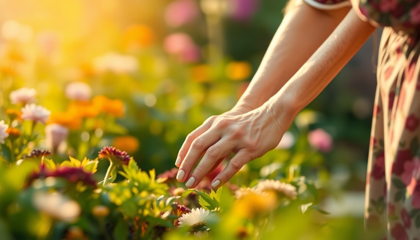 An extremely abstracted, out-of-focus photograph in soft, warm tones depicting an elderly woman's hands gently tending to a vibrant garden, conceptually representing the compassion and community service that defined Gloria Brown's life.