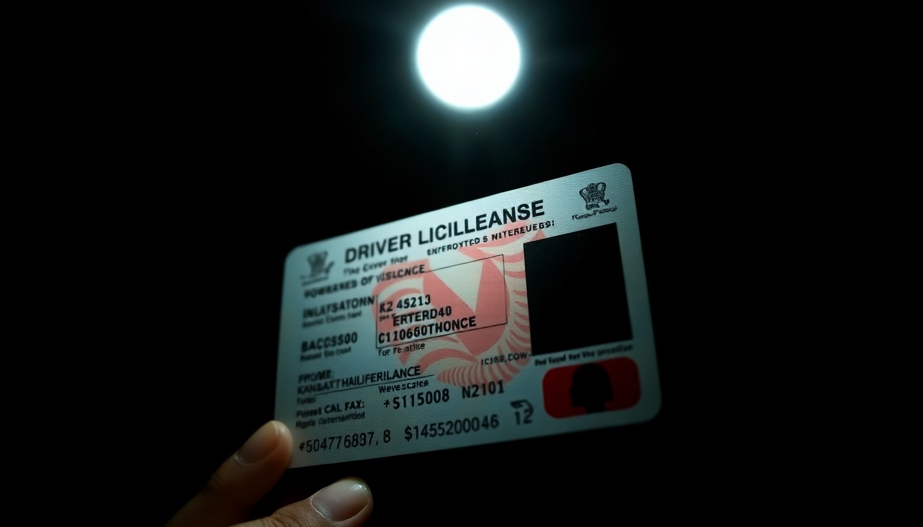 An extreme close-up photograph of a fake driver's license or other fraudulent identification document, lit by a harsh, direct camera flash against a pitch-black background, creating a stark, gritty, investigative aesthetic.