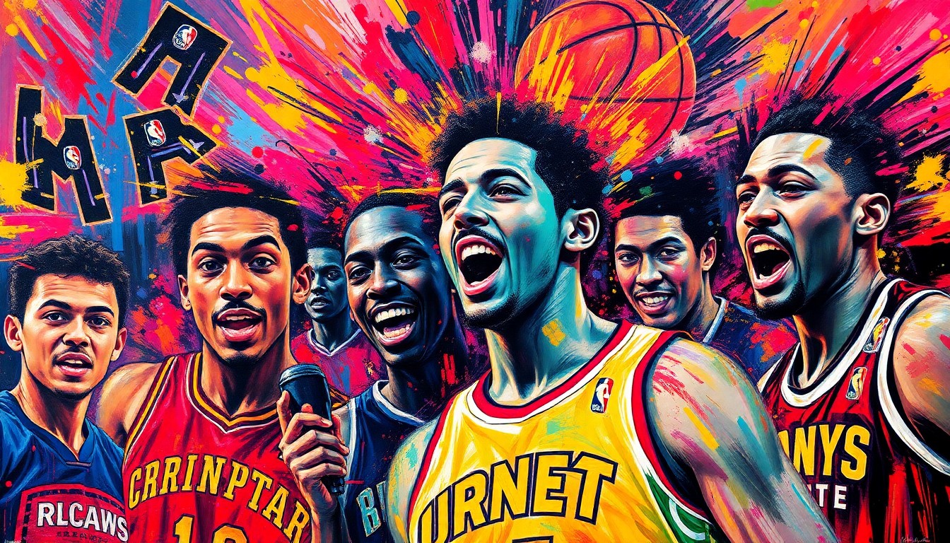 An abstract, expressionist painting in vibrant neon colors, capturing the dynamic movements and energy of a basketball game, with players and details dissolving into energetic brushstrokes.