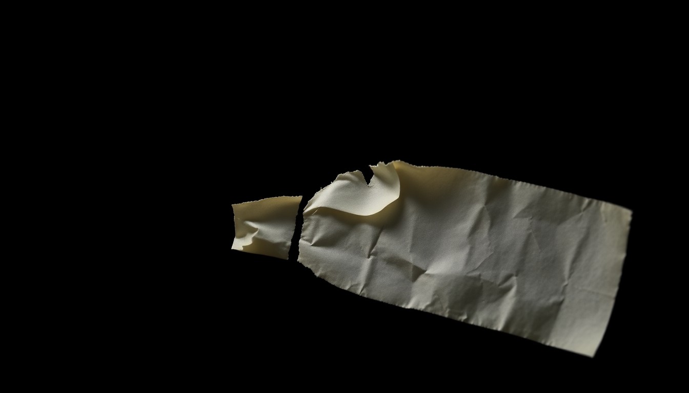 An extreme close-up photograph of a crumpled, torn promissory note lit by a harsh, direct camera flash against a pitch-black background, conveying the gritty, investigative nature of this financial crime case.