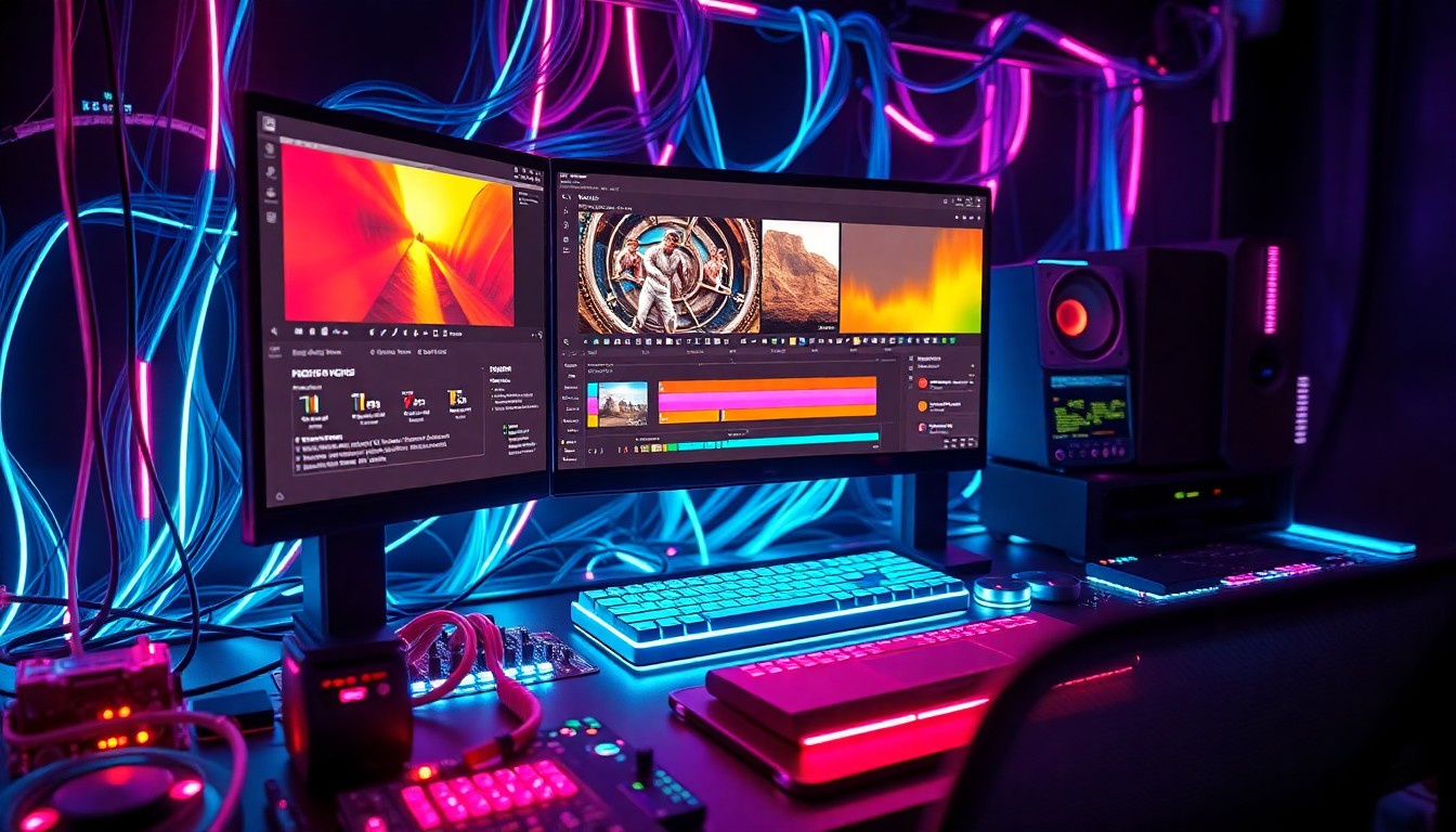 A highly detailed, glowing 3D illustration of a video editing workstation with a large monitor displaying color grading tools, surrounded by a network of illuminated fiber-optic cables and circuit boards, conceptually representing the power and innovation of NVIDIA's new GPU-accelerated color grading technology for Adobe Premiere Pro.