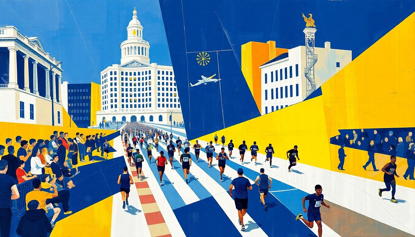 A cubist, geometric painting depicting the Boston Marathon race, with runners, spectators, and the urban landscape broken down into sharp, overlapping planes of navy blue, yellow, and white.