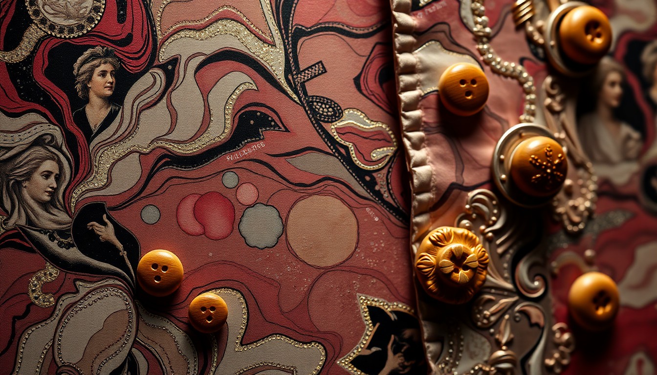 An extreme close-up of a richly textured painting surface featuring a kitschy marbled fabric, sprayed classical imagery, and various sculptural elements like wooden toggles and buttons, all captured in dramatic, high-contrast studio lighting to create a glitzy, high-fashion aesthetic.