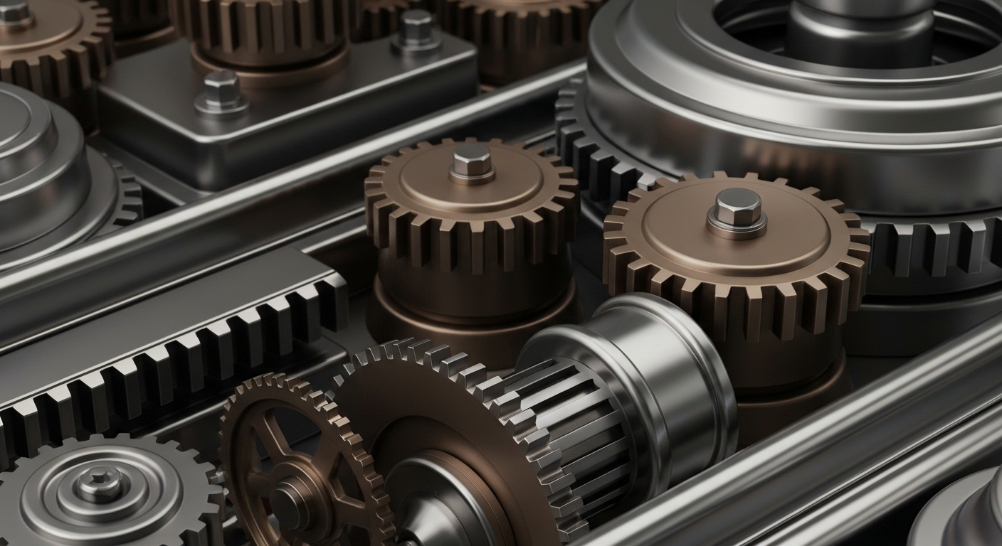 An extreme close-up of intricately machined banking equipment and mechanisms, conveying a sense of the secure, industrial foundations of the financial system.