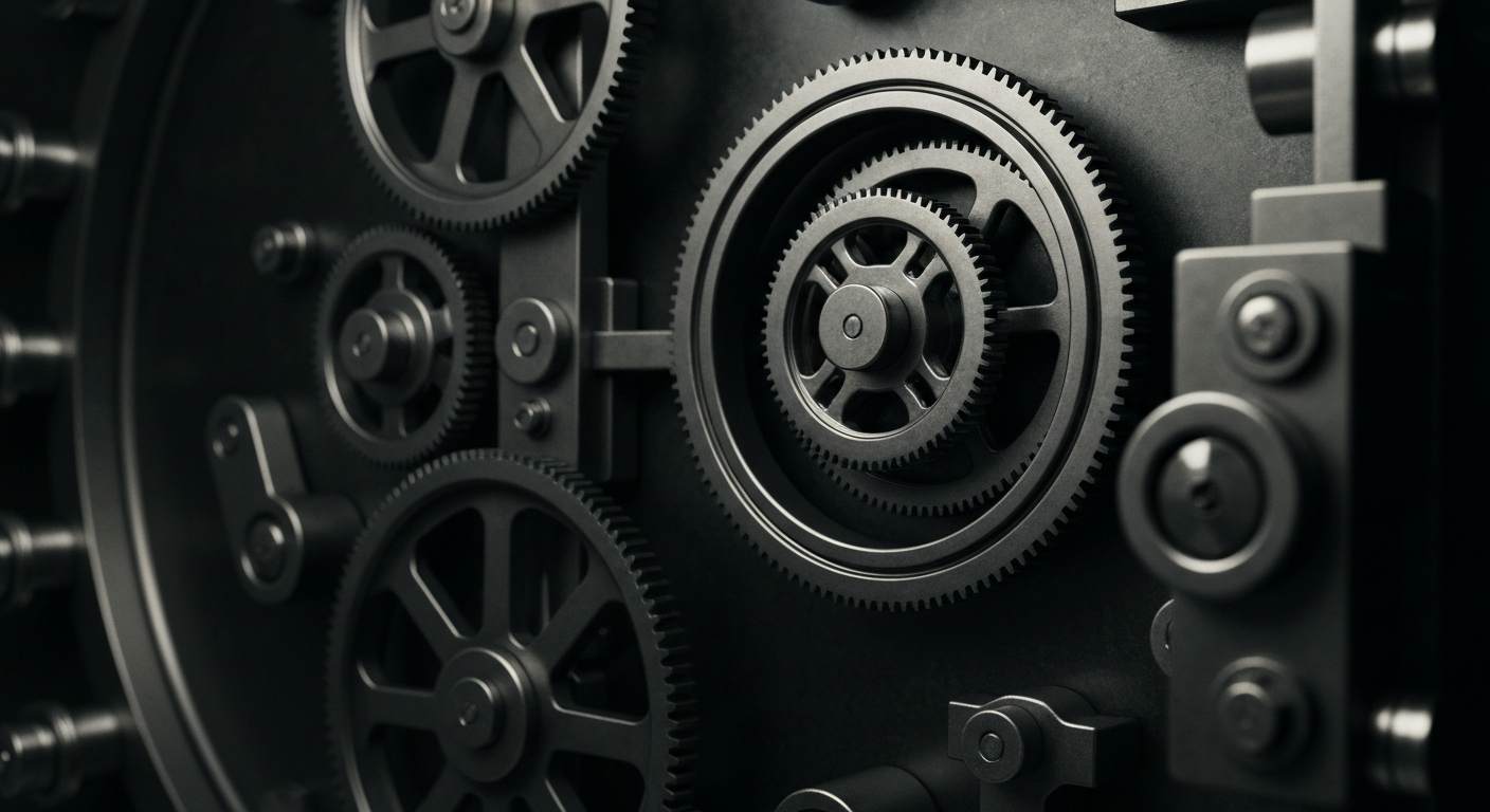 An extreme close-up of the intricate mechanisms and metal components that make up the inner workings of a bank vault, conveying a sense of security and the tangible power of financial institutions.