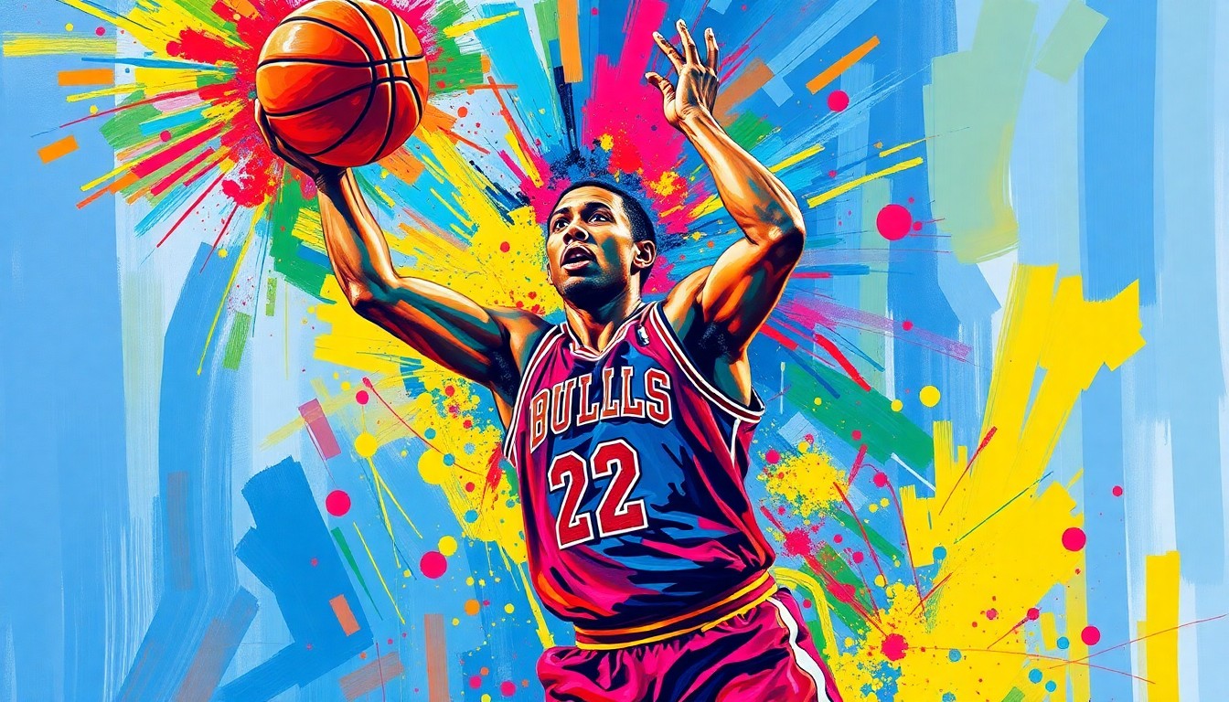 An abstract, expressionist painting featuring a basketball player in motion, with their form dissolving into a burst of neon colors and rapid brushstrokes, conveying the raw energy and skill of the athlete.