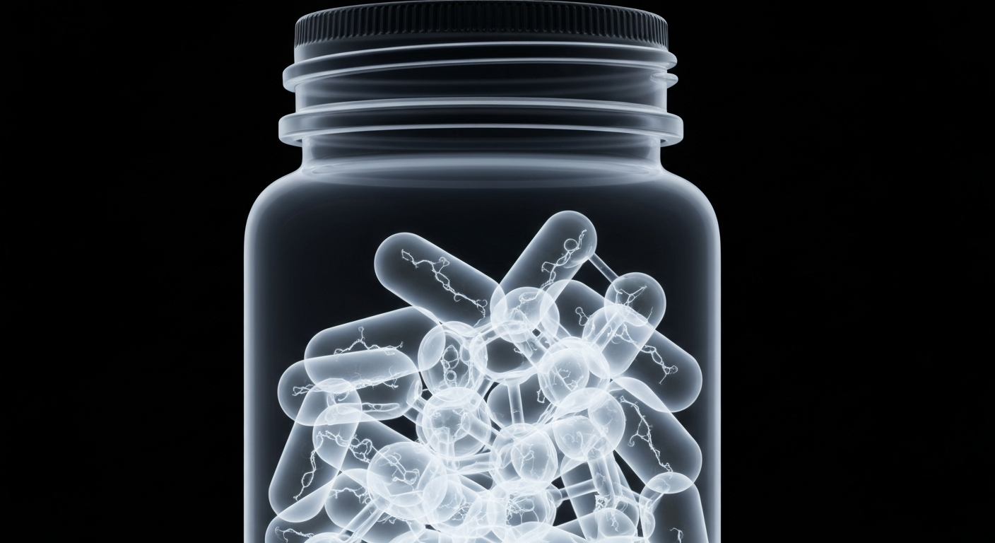 An extreme close-up X-ray photograph revealing the glowing, ghostly molecular structure of Xanax pills against a dark background, conceptually illustrating the quality control issues that led to the nationwide recall.