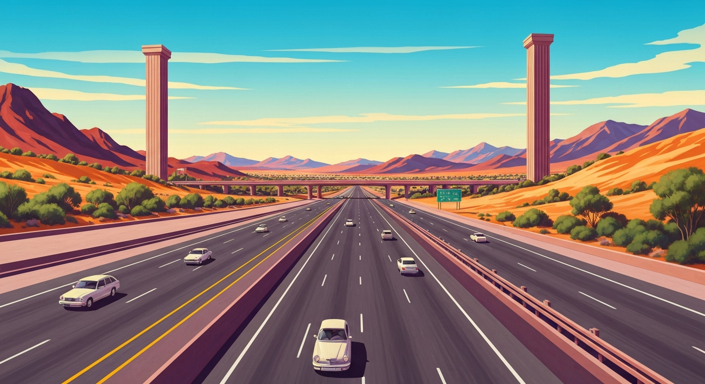 A bold, geometric illustration depicting the grand scale and sweeping curves of the I-15 freeway, with towering forced perspectives and smooth, airbrushed gradients in shades of blue, orange, and gray, conceptually representing the romance and challenges of travel between the two cities.