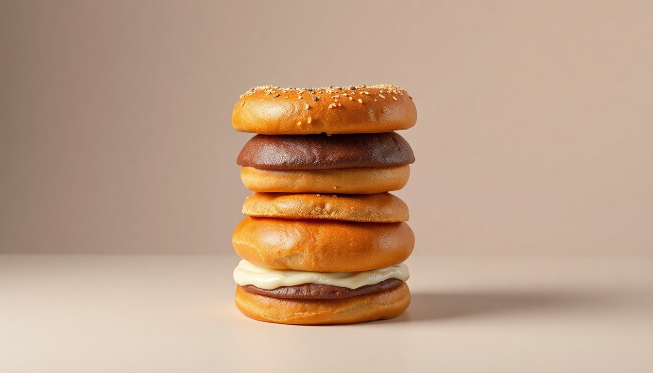 A high-end, photorealistic studio still-life photograph featuring a stack of freshly baked bagels in various flavors, arranged elegantly on a clean, monochromatic seamless background, conceptually representing the premium quality and craftsmanship of the new Einstein Bagels brand.