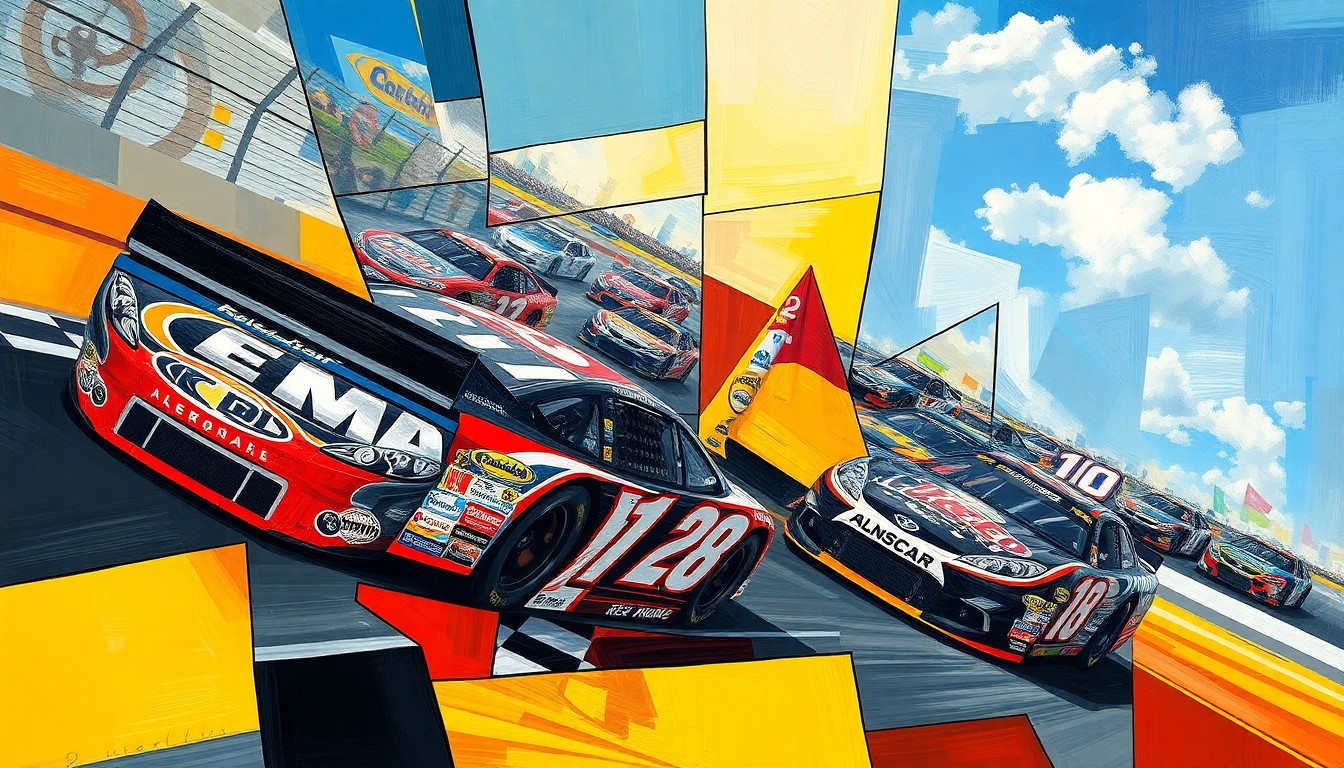 A fractured, geometric painting depicting the shapes and angles of two NASCAR stock cars colliding on the racetrack, conveying the dynamic energy of the incident without showing any identifiable details.