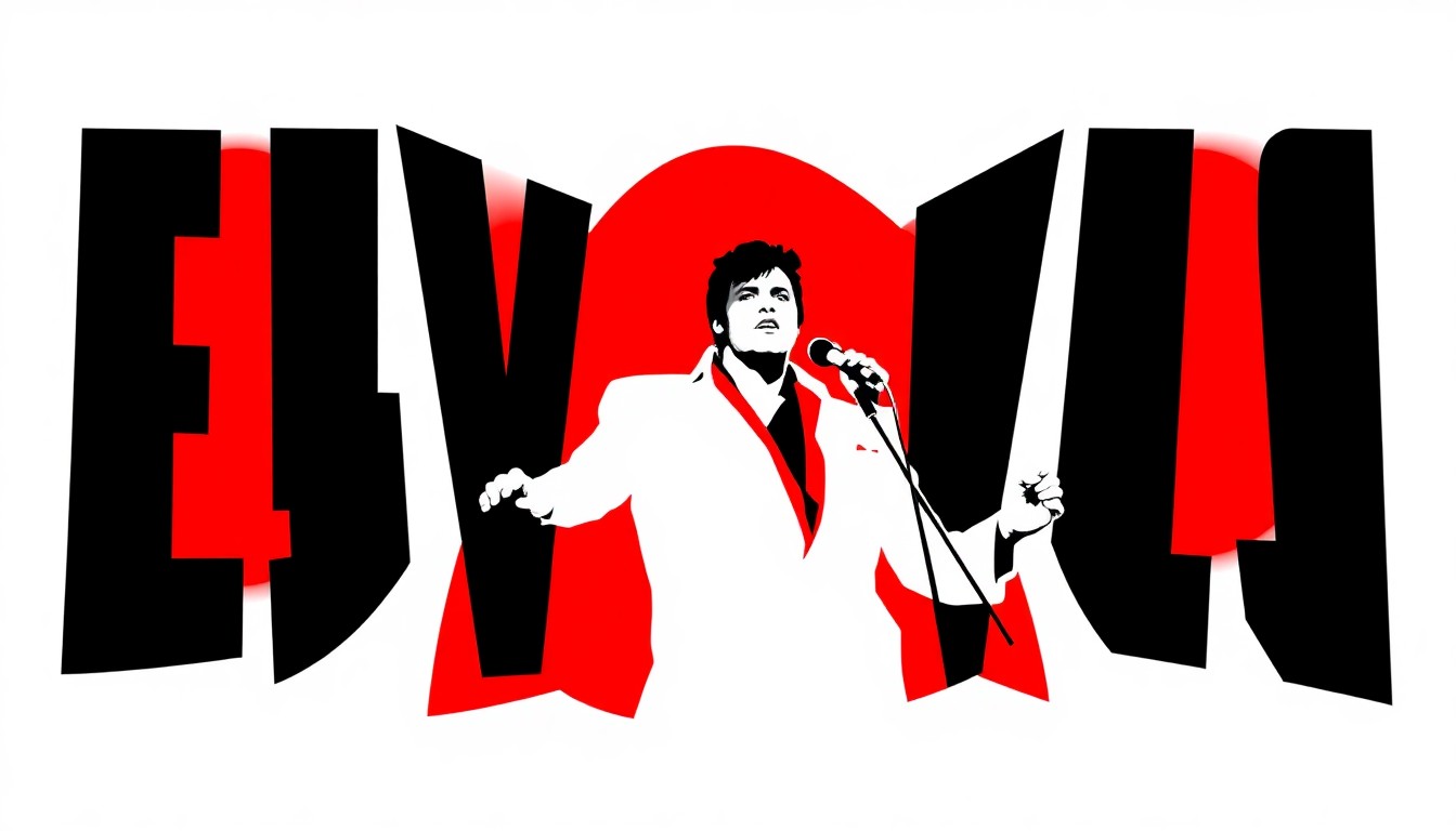 A striking abstract composition of jagged black silhouettes and bold red geometric shapes, conceptually representing the iconic figure of Elvis Presley and the energy of a live musical performance.