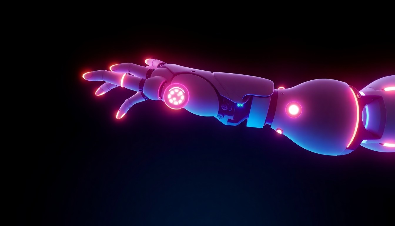 A highly detailed, glowing 3D illustration of a robotic arm reaching out from a dark background, representing the integration of physical AI and robotics into enterprise operations.