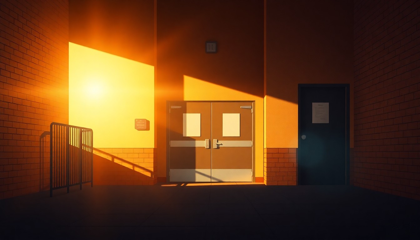 A serene, photorealistic painting of a school entrance, with the doorway and surrounding architecture bathed in warm, golden light, conveying a sense of quiet contemplation and the weight of the decision facing the community.