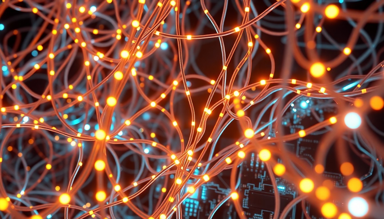 A highly detailed, glowing 3D macro illustration of a tangled web of illuminated fiber optic cables and circuit boards, conceptually representing the complex and fragile infrastructure of the AI training supply chain.