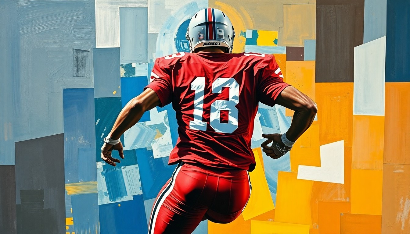A cubist-style painting depicting a football player in motion, with their jersey number obscured and the focus on the dynamic energy and movement of the athlete.