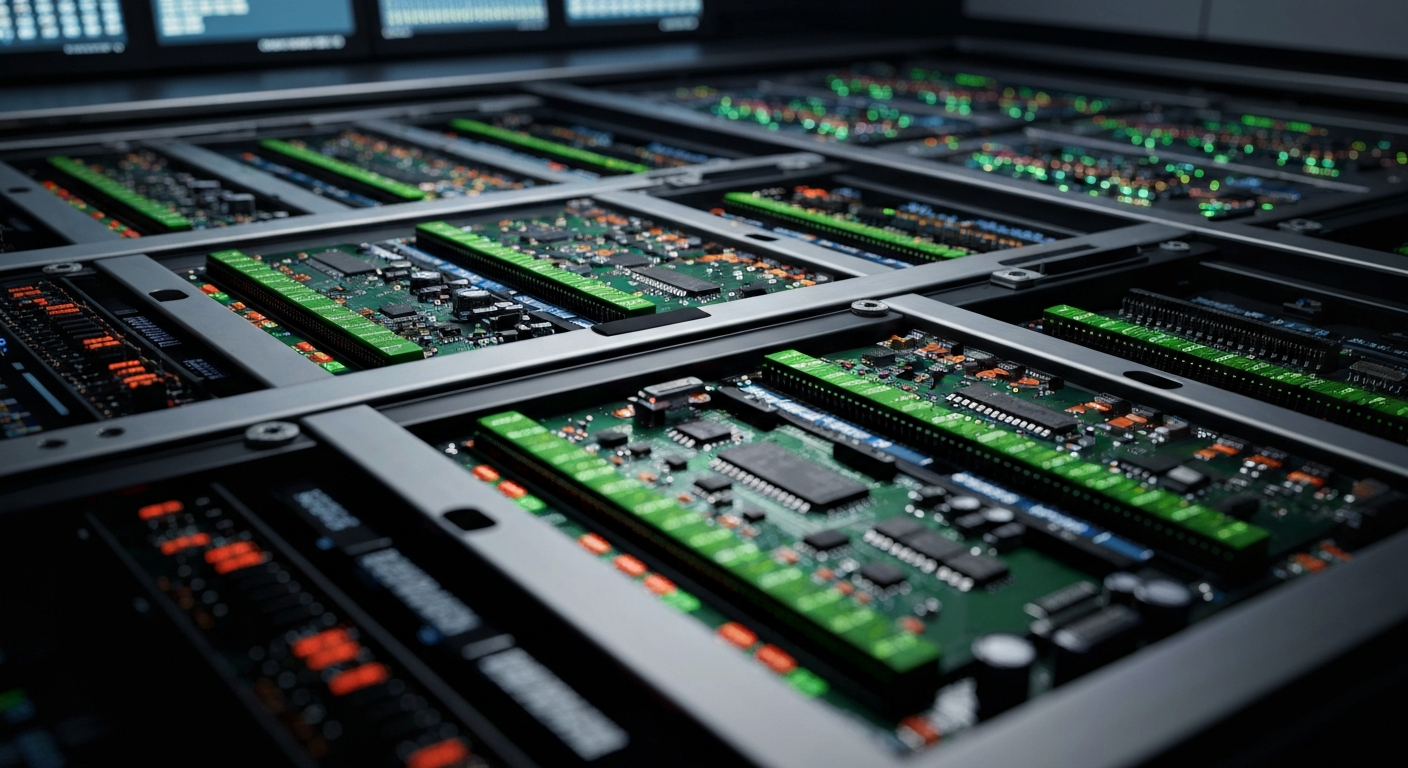 An extreme close-up of the inner components of a high-tech trading terminal, with a maze of circuits, blinking lights, and intricate machinery, conveying the complexity and high stakes of financial markets.