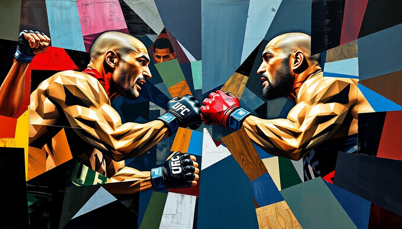 A fragmented, geometric painting depicting the silhouettes of two fighters engaged in a UFC welterweight title bout, their movements and forms broken down into sharp, overlapping planes of color.