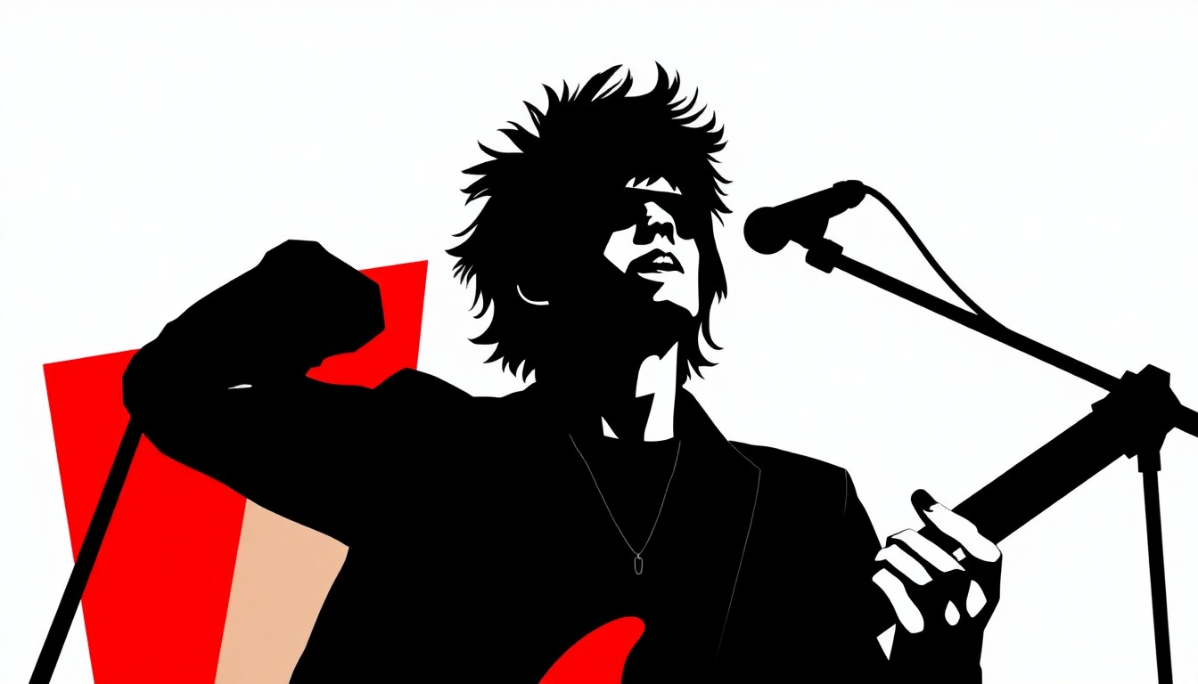 An abstract, minimalist illustration featuring bold, jagged shapes and silhouettes in high-contrast red and black, conceptually representing the iconic punk rock persona and private health struggles of Joey Ramone.