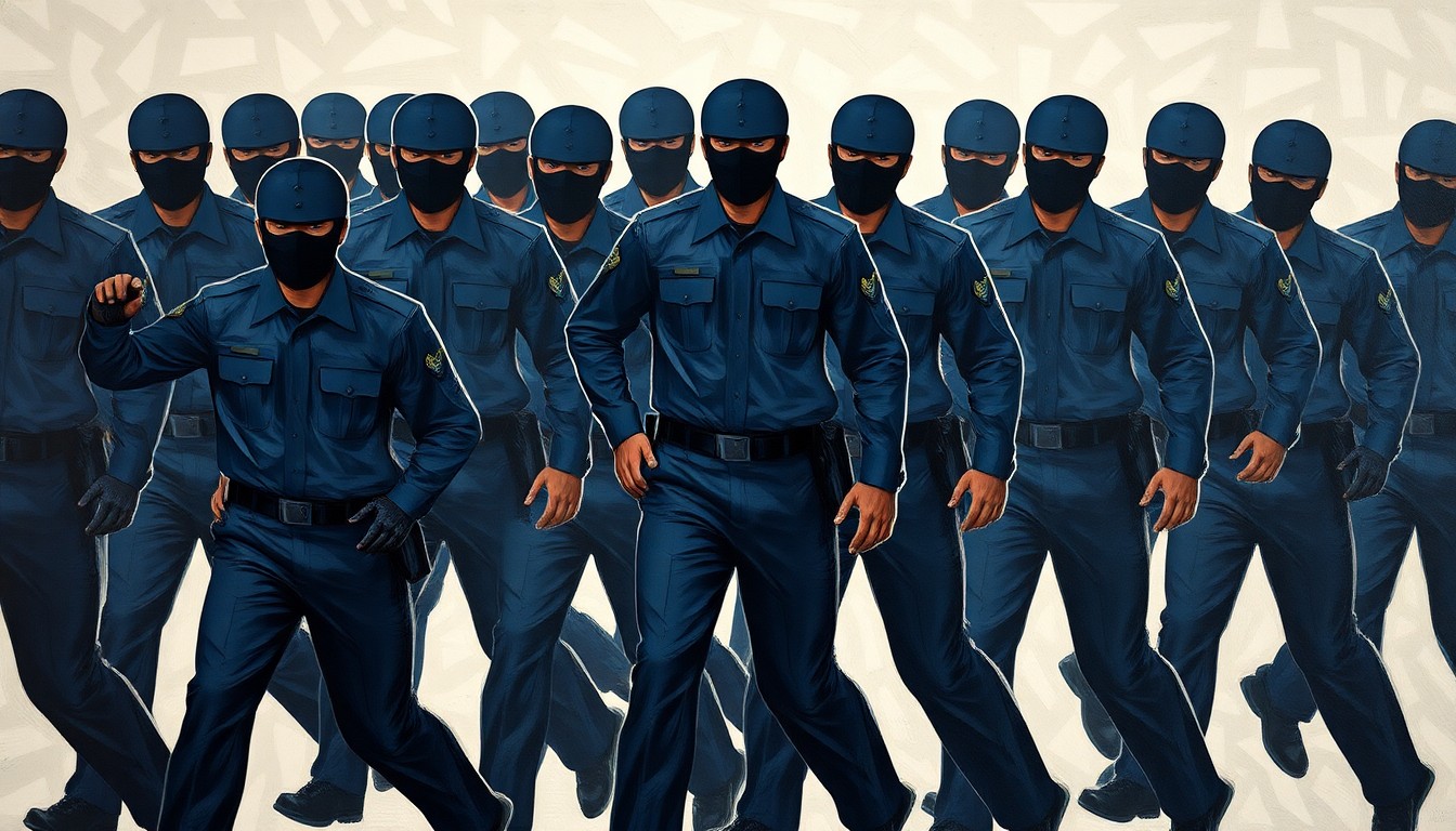 A dynamic, abstract painting featuring overlapping geometric shapes in shades of blue, gray, and black, representing a faceless federal immigration agent in motion, conveying a sense of aggression and lack of accountability.