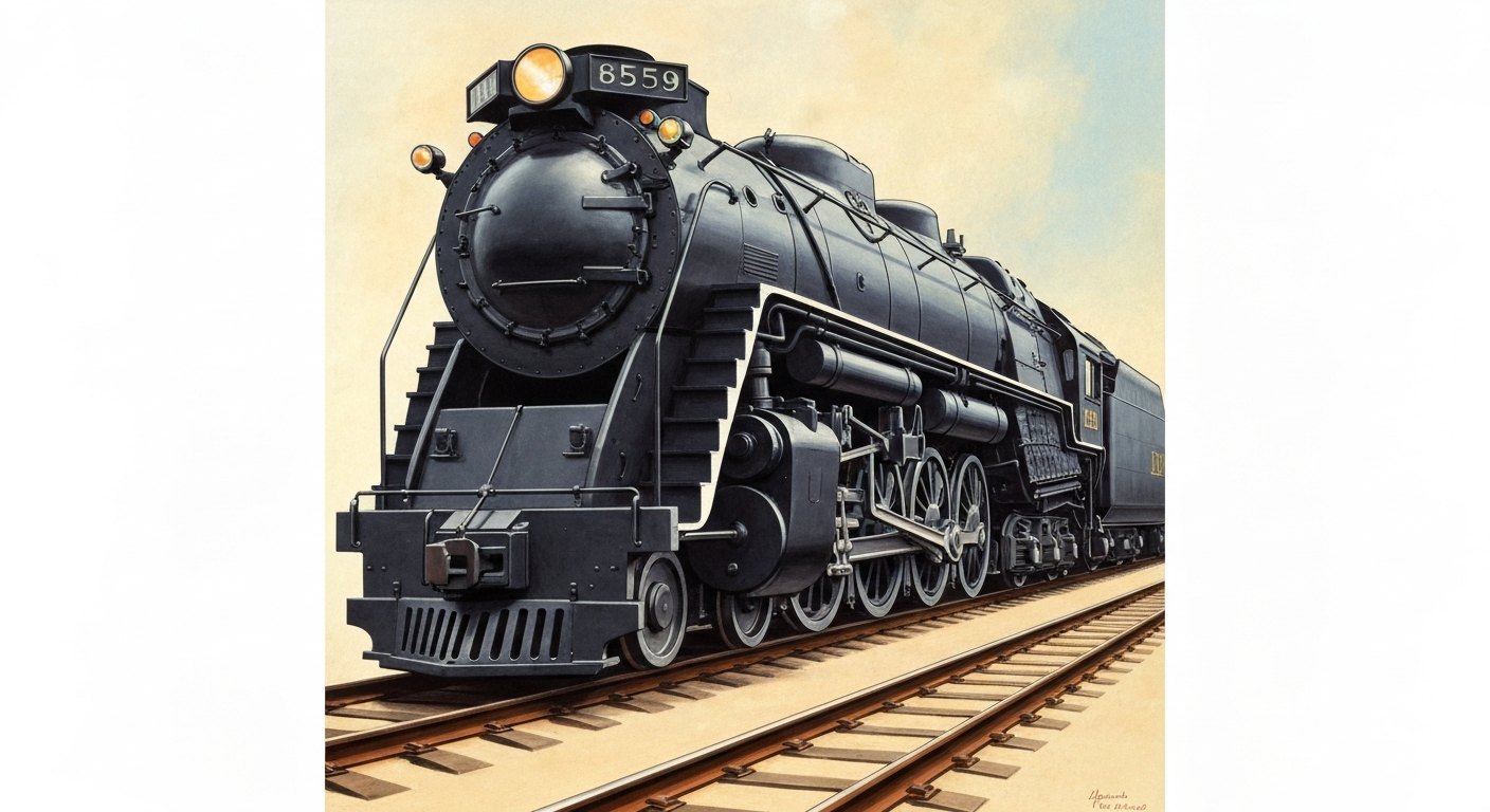 A highly stylized, geometric illustration depicting the massive scale and streamlined form of the Big Boy locomotive, rendered in bold, sweeping gradients and dramatic forced perspective to capture the sense of awe and wonder surrounding this historic train.