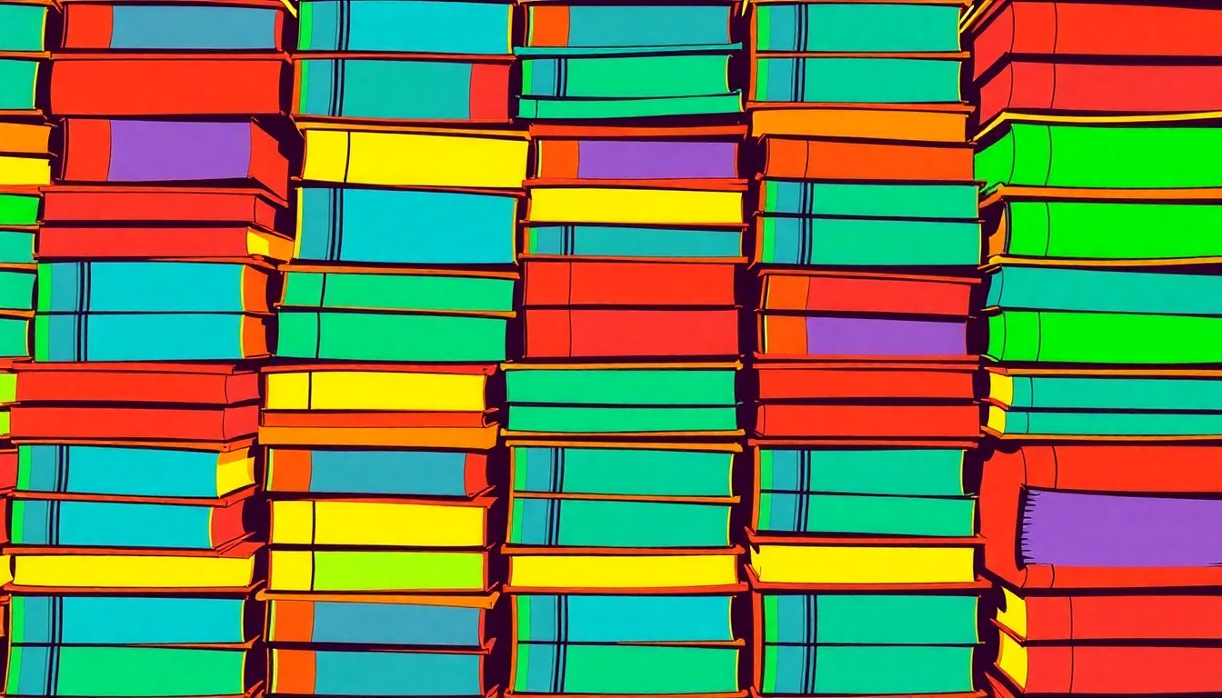 A high-contrast, silkscreen-style illustration of a stack of textbooks in bright, neon colors repeated in a grid pattern, conceptually representing IDEA Henry's college-preparatory curriculum.