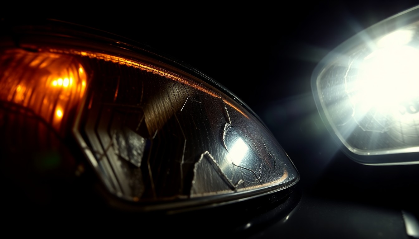An extreme close-up photograph of a cracked car lens reflecting a faint red light, conceptually illustrating the aftermath of a hit-and-run incident.