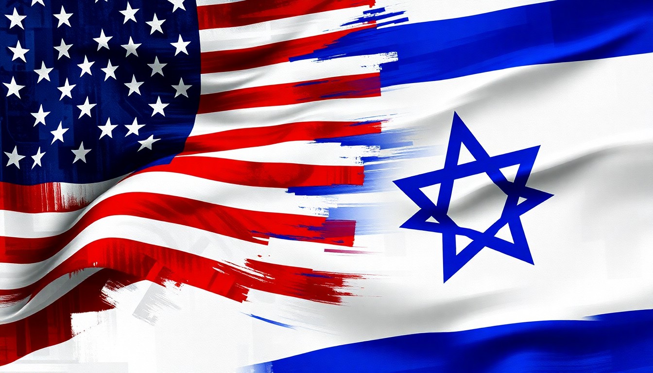 A dynamic, abstract painting featuring overlapping, fragmented shapes in red, white, and blue (representing the US flag) and blue and white (representing the Israeli flag), conveying a sense of political tension and conflict.