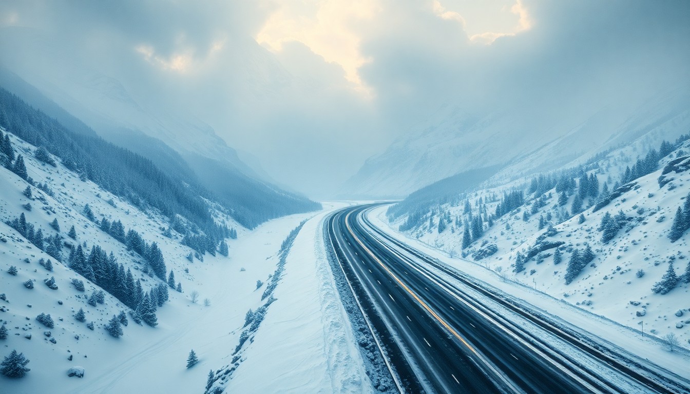 A sweeping, atmospheric landscape painting in muted tones of white, gray, and blue, depicting a snowy highway cutting through a mountainous region, with the road obscured by a heavy blizzard, conceptually representing the vulnerability of human infrastructure in the face of extreme weather.