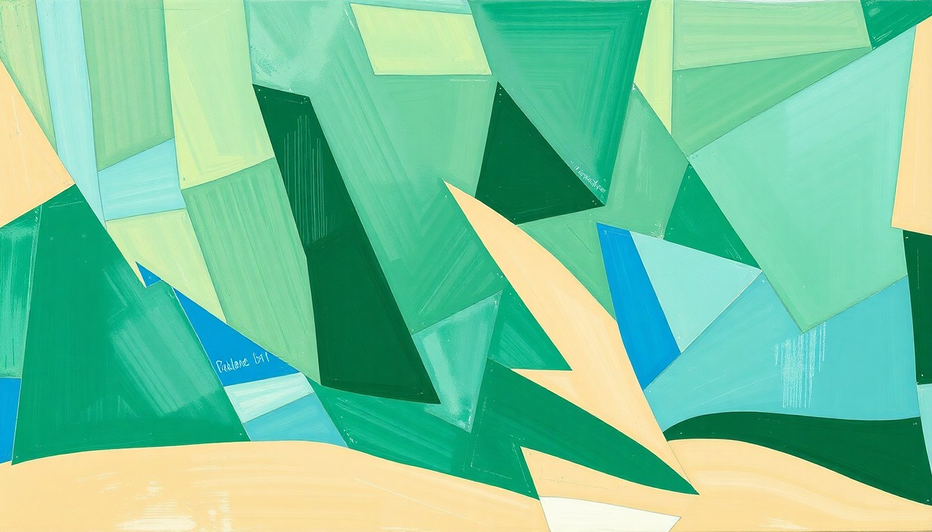 A fragmented, geometric painting depicting a women's golf tournament, with sharp planes of color and overlapping perspectives creating a dynamic, abstract composition.