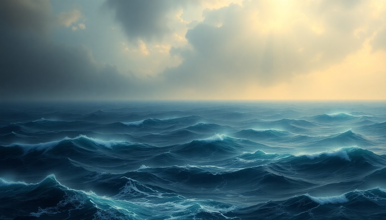 A sweeping, atmospheric oil painting depicting a turbulent, stormy ocean scene with the distant shoreline barely visible through heavy mist, conveying the overwhelming, sublime scale of the natural environment.