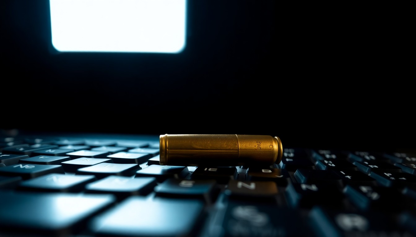 An extreme close-up photograph of a computer keyboard with a single bullet casing resting on the keys, creating a stark, gritty, investigative aesthetic that conceptually illustrates the misuse of technology in this crime.