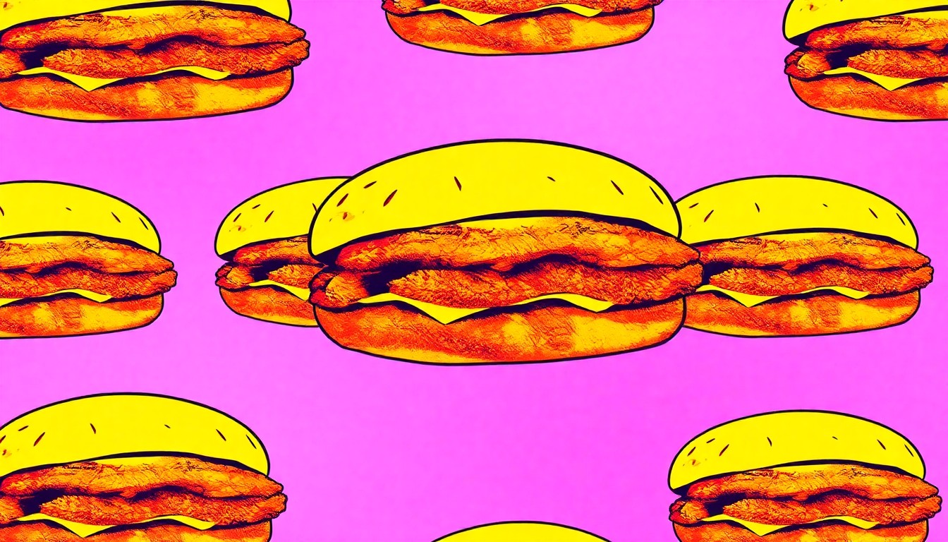 A bold, colorful silkscreen-style illustration featuring a repeated image of a breaded pork tenderloin sandwich against a vibrant neon background, conceptually representing the festive spirit and community pride surrounding this beloved Iowan dish.