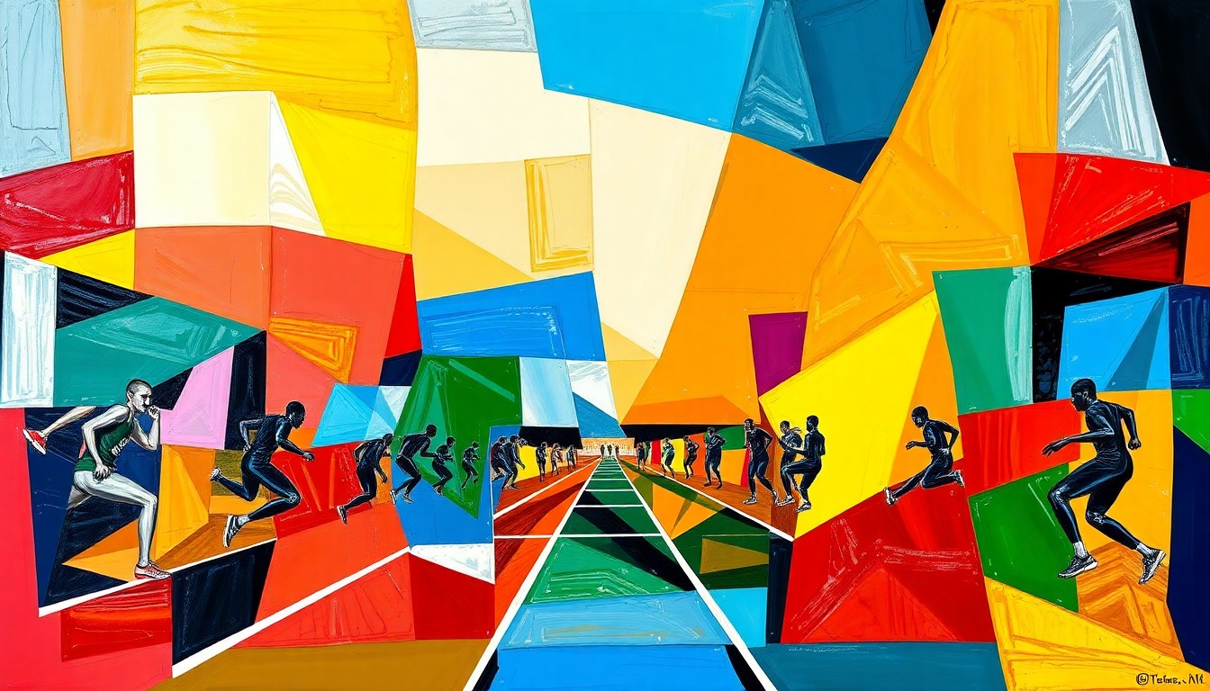 A fragmented, geometric painting in bold primary colors representing the Titans' track and field competition, with overlapping planes and angles conveying the dynamic movement and intensity of the event.