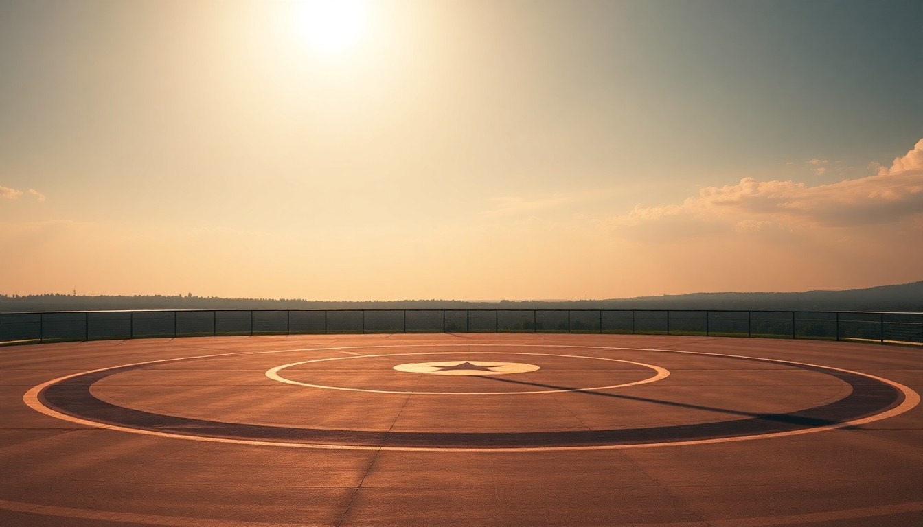 A serene, cinematic painting of an empty helipad on a sunny day, with warm light and deep shadows creating a contemplative mood about the future of presidential security.
