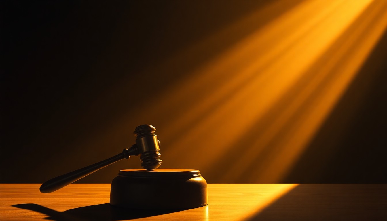 A warm, cinematic painting depicting a solitary courtroom gavel resting on a wooden surface, bathed in diagonal sunlight and deep shadows, conceptually representing the legal battles between Washington state and the federal government.