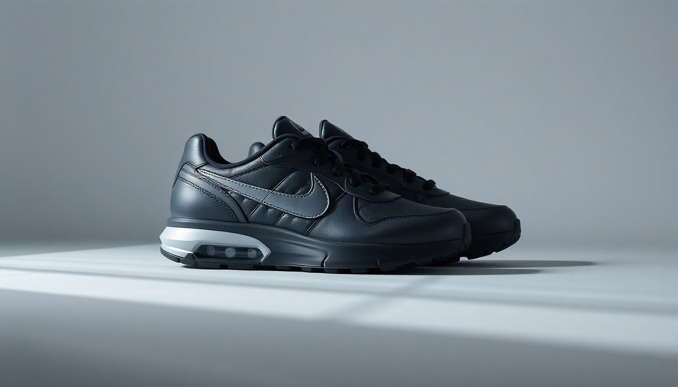 A high-end, photorealistic studio still-life photograph featuring a pair of sleek, premium Nike sneakers arranged elegantly on a clean, monochromatic background. The shoes are made from polished materials and geometric shapes, using dramatic lighting and shadows to symbolize corporate strategy and market confidence.