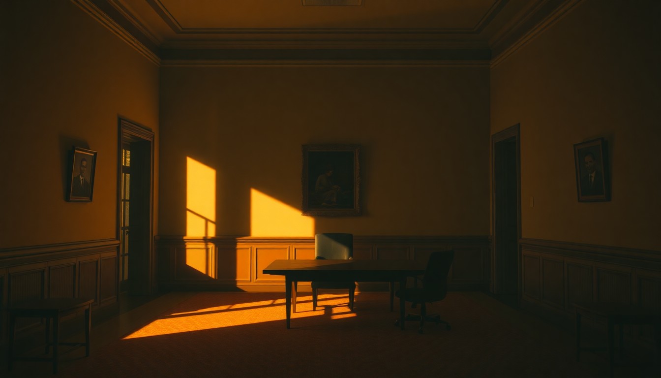 A dimly lit, cinematic interior scene with muted colors and dramatic shadows, evoking a sense of unease and the weight of political scandal.