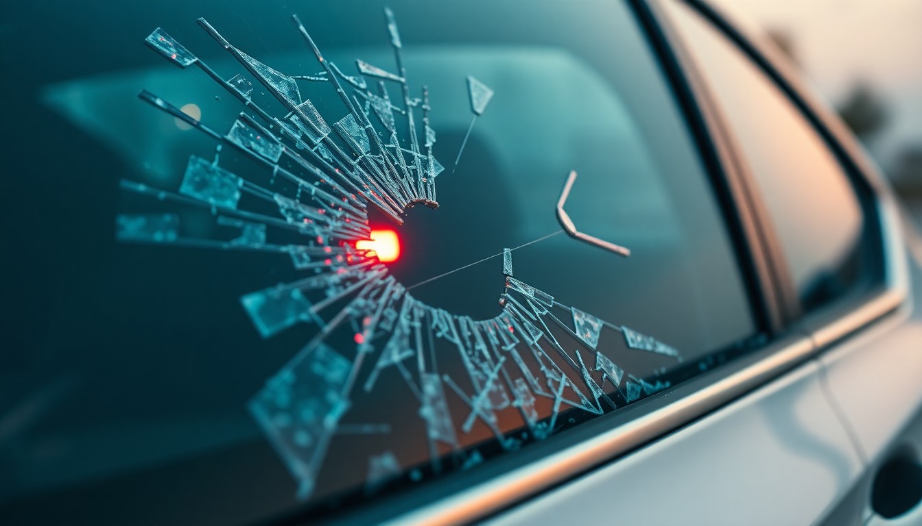 An extreme close-up of a shattered car sensor lens reflecting a faint red light, conceptually illustrating the vandalism of self-driving cars.