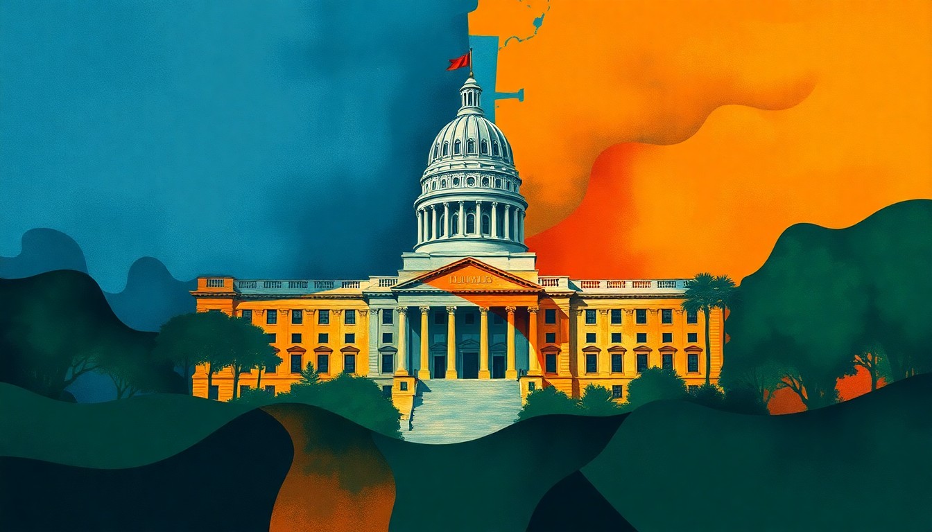 A dynamic, abstract painting featuring overlapping geometric shapes and waves of color representing the Florida state capitol building, conveying the fractured and turbulent nature of the state's redistricting process.