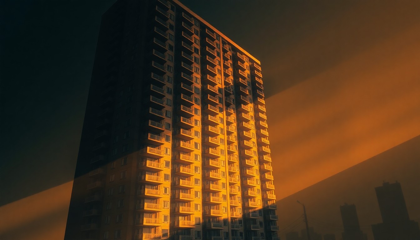 A photorealistic painting of a tall, sleek luxury apartment building in New York City, with warm sunlight casting long shadows across the facade and windows. The scene conveys a sense of solitude and quiet contemplation about the role of high-end real estate in the city's affordability crisis.