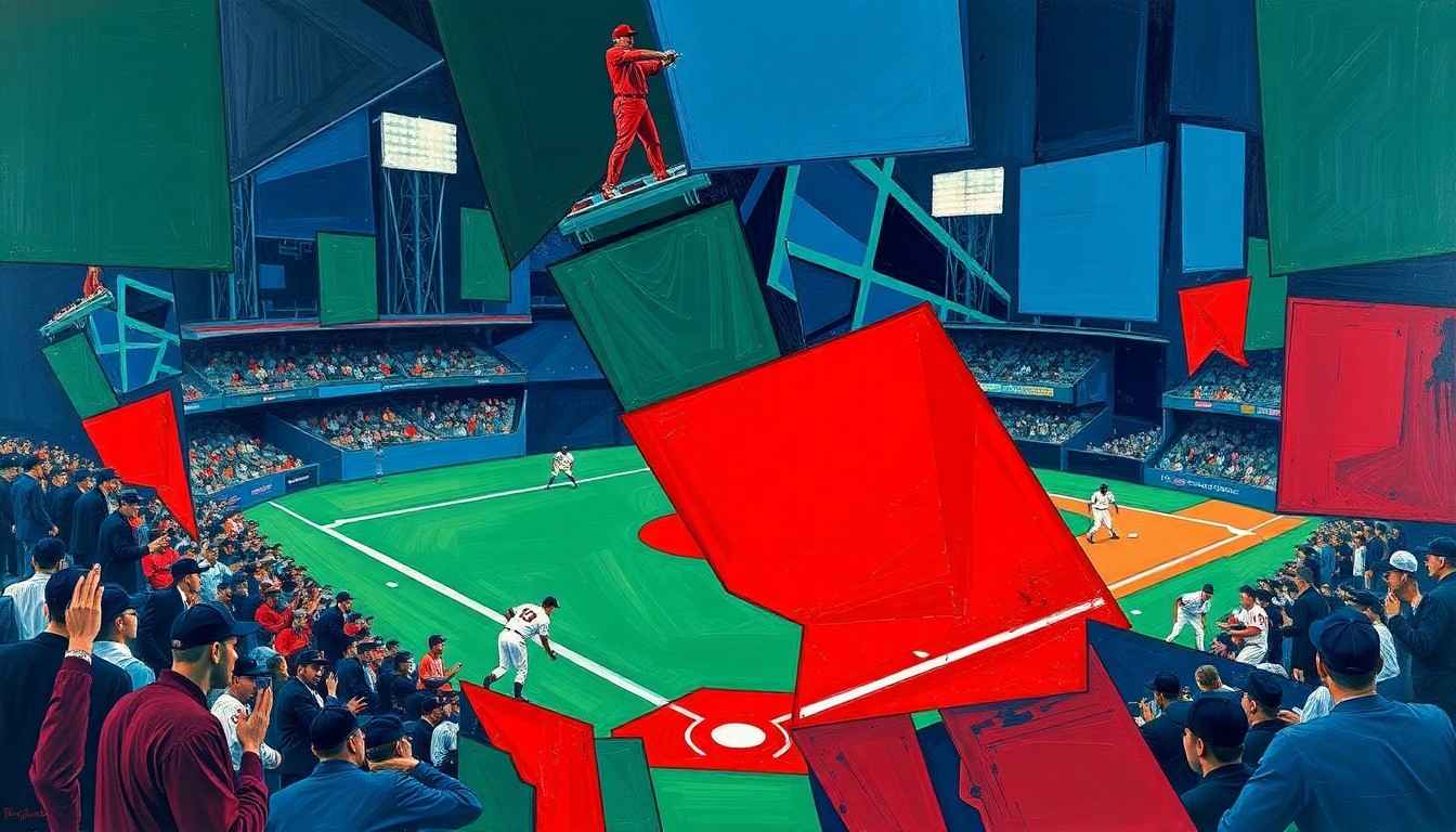 A fractured, cubist-style painting depicting the dynamic motion of a baseball player in action, with sharp geometric shapes and planes in a palette of navy, green, and red.
