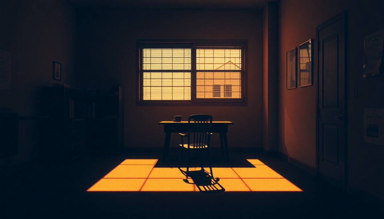 A dimly lit, cinematic painting of an empty Catholic Charities office space, with a lone desk and chair bathed in warm, diagonal sunlight and deep shadows, conveying a sense of melancholy and the loss of a long-standing community service.