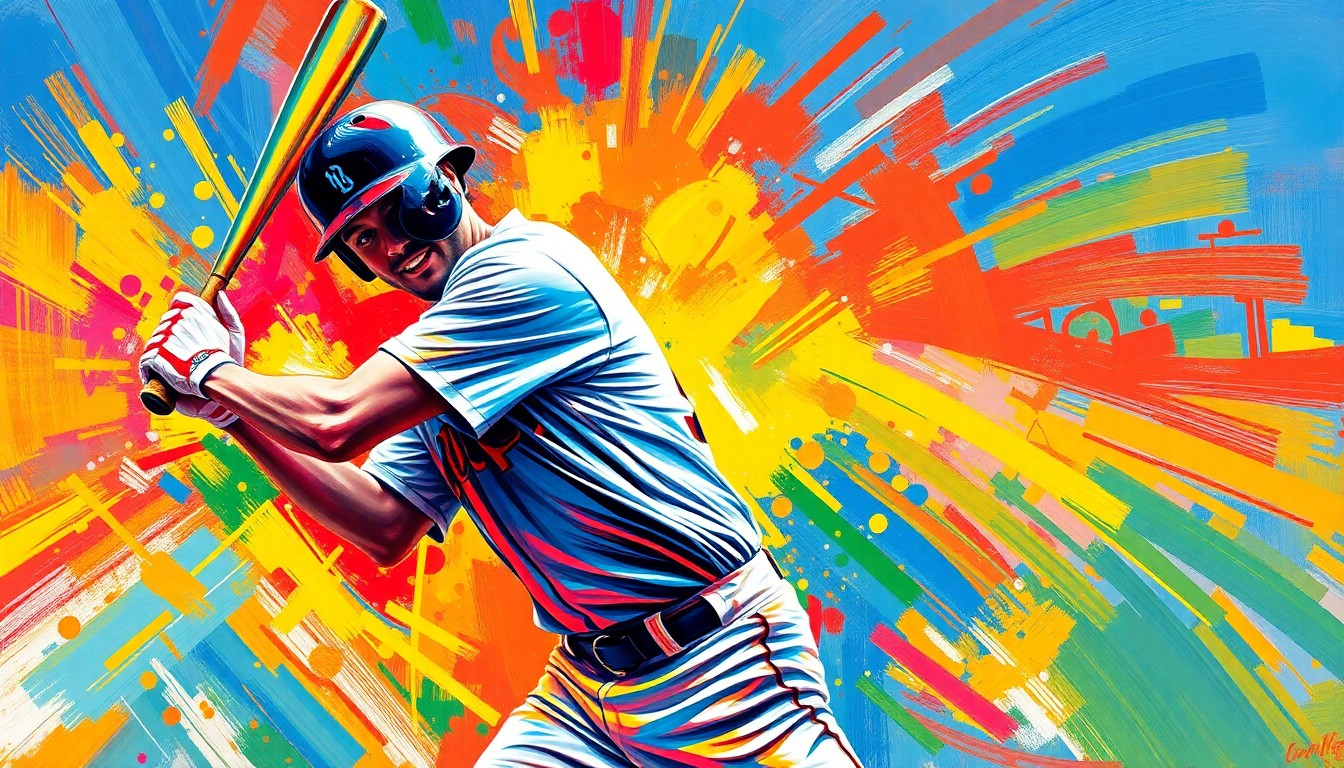 An abstract, expressionist painting featuring bold, neon-colored brushstrokes that capture the dynamic motion and energy of a baseball player's swing.