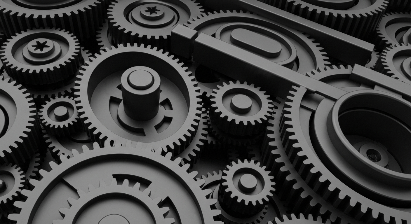 An extreme close-up of a complex, gear-driven financial mechanism in shades of steel grey and gunmetal, conceptually representing the secure, powerful infrastructure of institutional banking and wealth management.