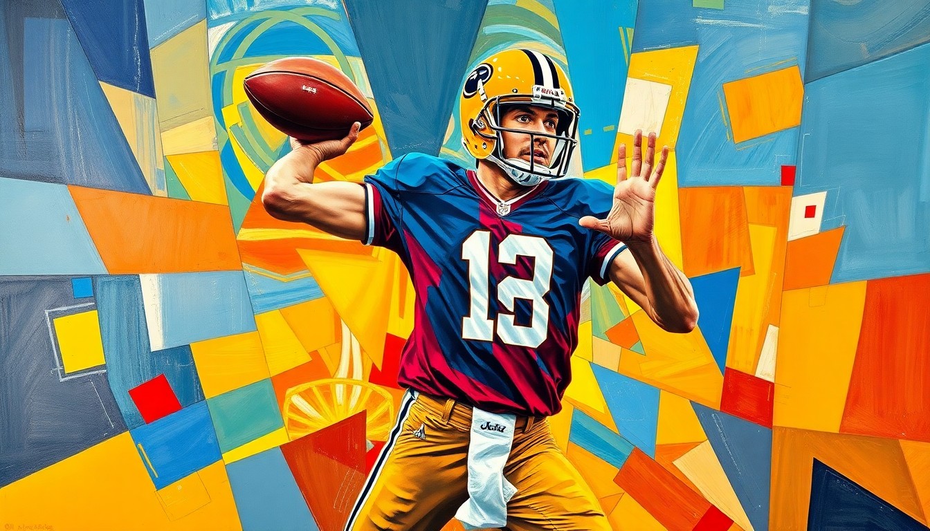 A fragmented, geometric painting depicting a high school quarterback in mid-throw, with sharp planes of color and overlapping perspectives conveying the dynamic energy of the sport.