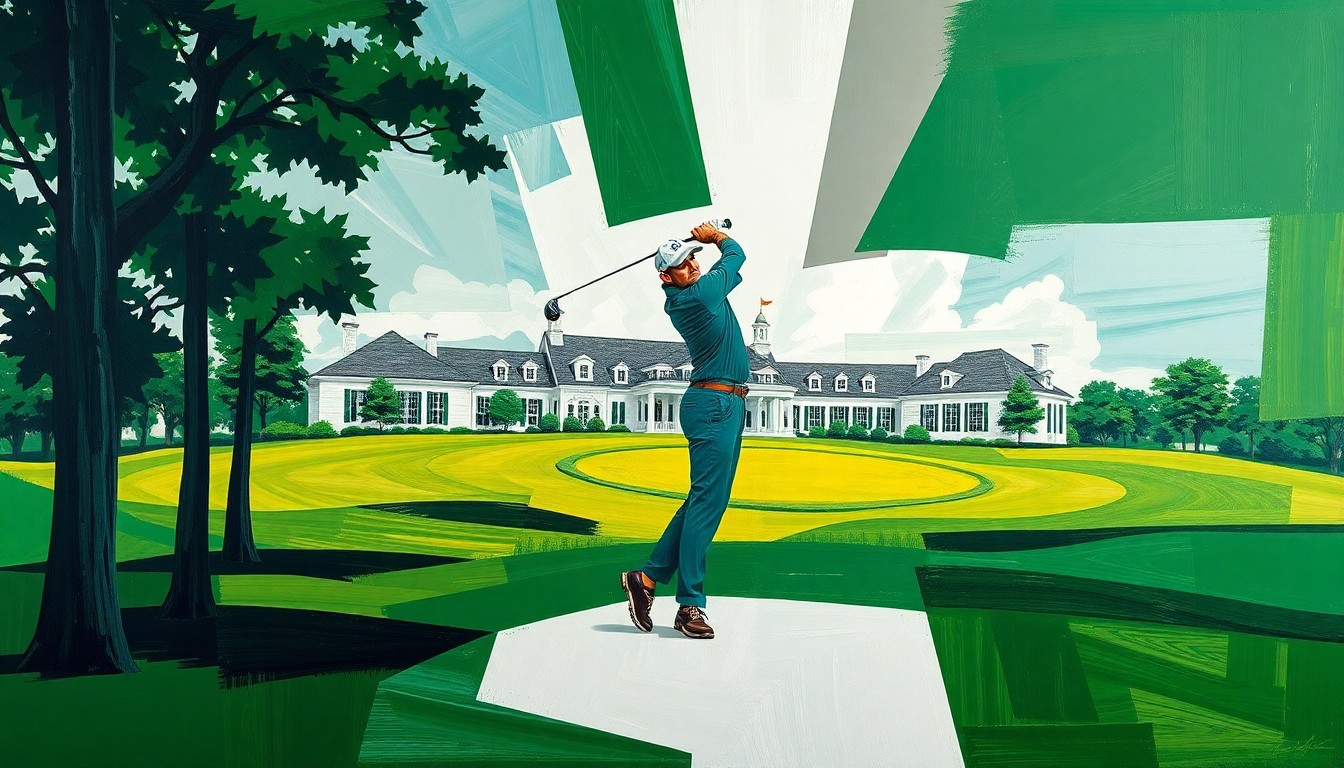 A fragmented, geometric painting depicting a golfer's swing and the iconic Augusta National clubhouse, rendered in bold, clashing colors that capture the conflicting forces at play in this story.
