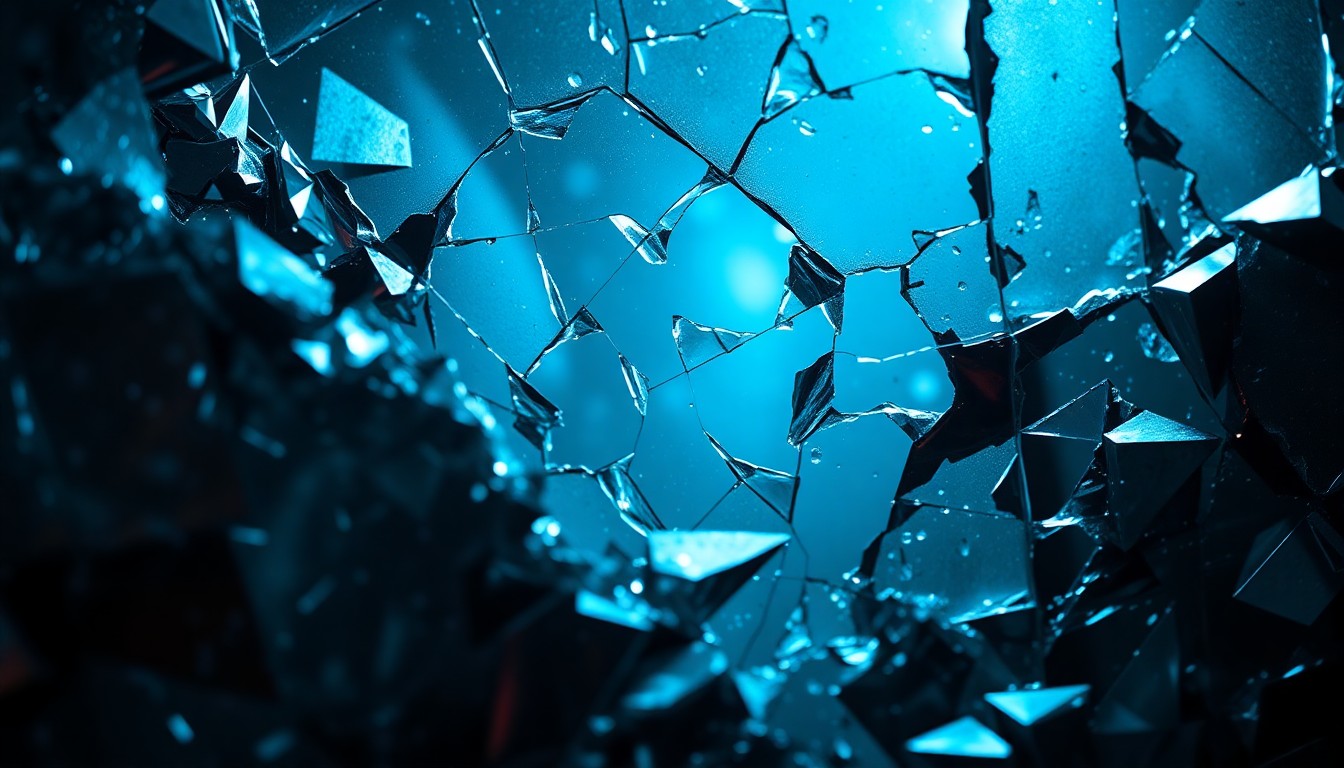 An abstract close-up image of shattered glass and crumpled metal textures, reflecting a faint blue light, conveying the fragility and emotional turmoil of Mariah's mental state as she faces the possibility of a harsher sentence.