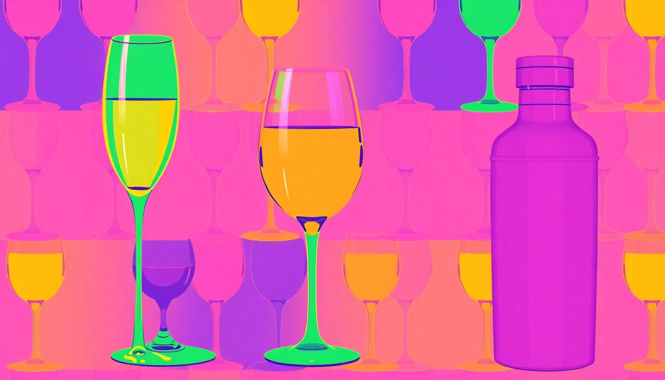 A bold, colorful silkscreen-style illustration featuring repeating patterns of champagne flutes, wine glasses, and cocktail shakers in vibrant neon hues, capturing the celebratory mood of the Wenatchee Chamber's annual awards ceremony.