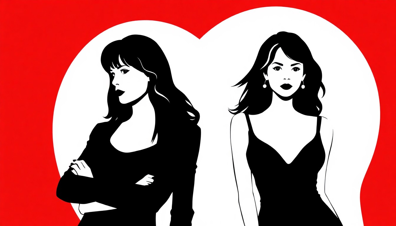 A minimalist, abstract illustration featuring bold black silhouettes of two female figures, representing the iconic characters of Brenda Walsh and Kelly Taylor from the TV series 'Beverly Hills, 90210', set against a high-contrast background of solid red and white shapes.